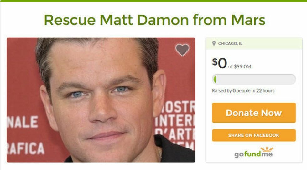 Matt Damon har fået sin egen fundraiser, fordi visse folk tror, The Martian sker i virkeligheden 