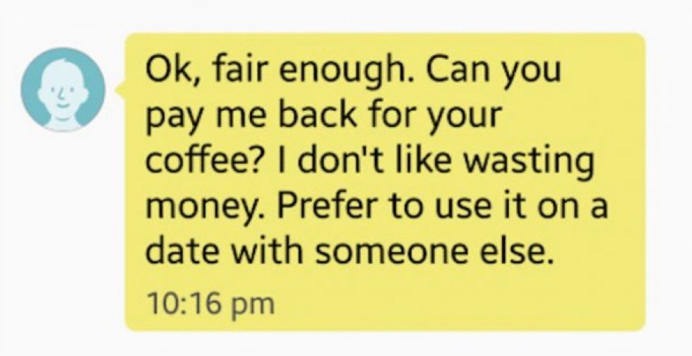 Fyr bliver afvist efter tinder-date og beder kvinden om penge for den kaffe, han gav