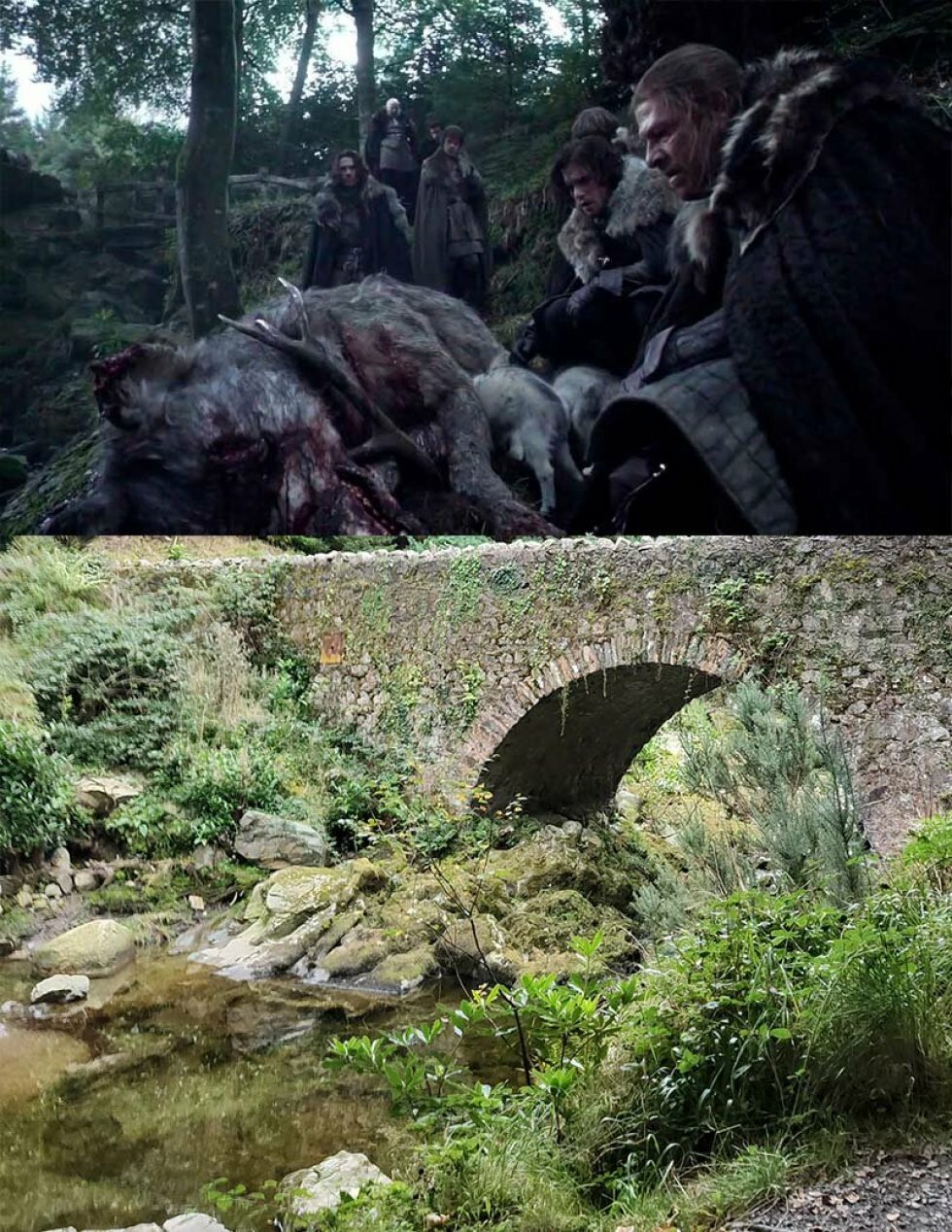Øverst Game of Thrones S1, HBO - Nederst: Parnell Bridge, hvorved scenerne blev optaget - Rejseguide: Nordirland den ultimative Game of Thrones-destination