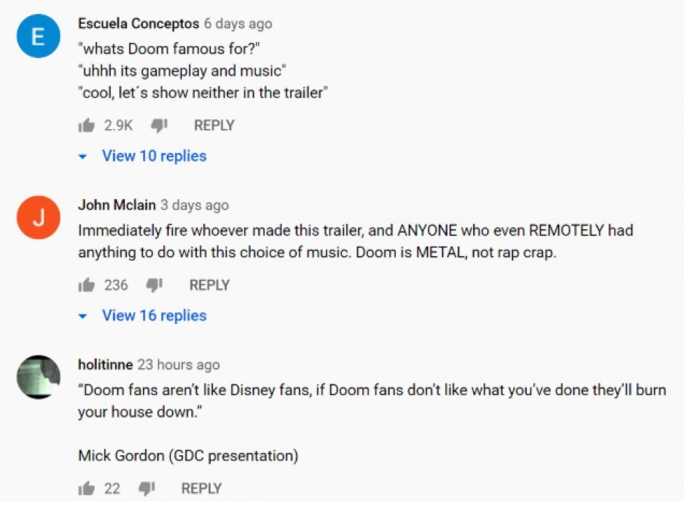 Fra Youtubes kommentarspor - DOOM-fans og kritikere raser over tv-reklame for nyt spil