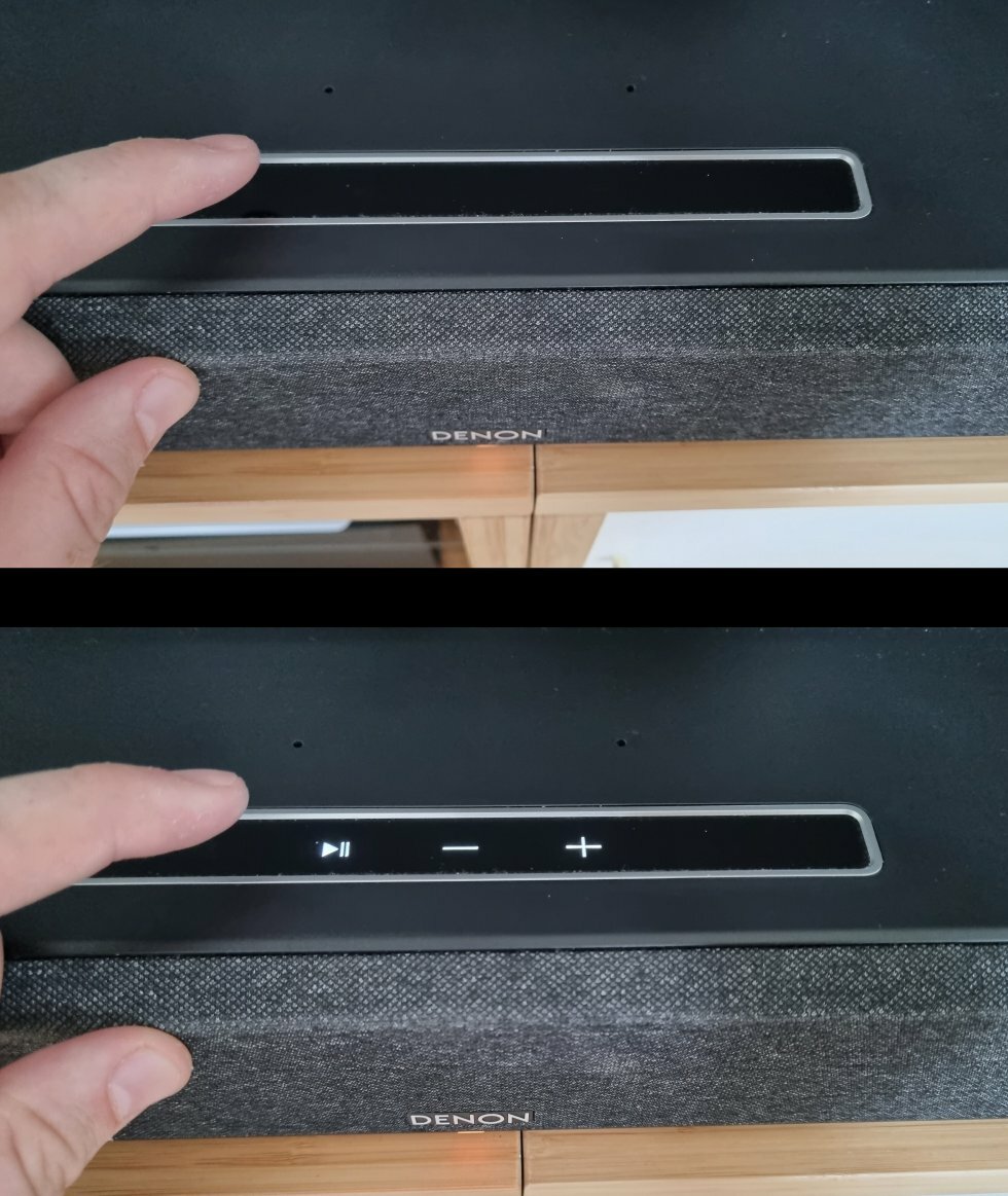 Soundbarens knapper lyser kun op, når man nærmer sig  - Test: Denon Home 550 soundbar - kæmpe forskel på begrænset plads