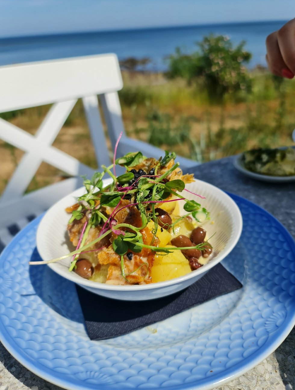 Nye kartofler, oliven, løvstikke og kyllingeskind.  - Restaurant-anmeldelse: Melsted Badehotel