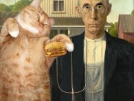 Berømte malerier forbedret med fed, rødhåret kat